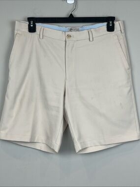 Peter Millar Cream Khaki Flat-Front Performance Golf Shorts Size 34